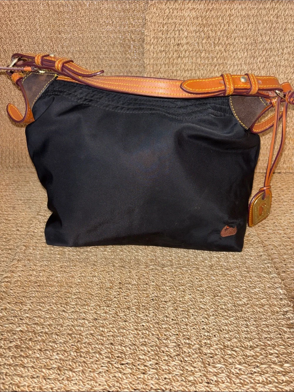 Y2K Dooney & Bourke Black Nylon Shoulder Bag w Tan Leather Trim and Brown Suede - Picture 1 of 11